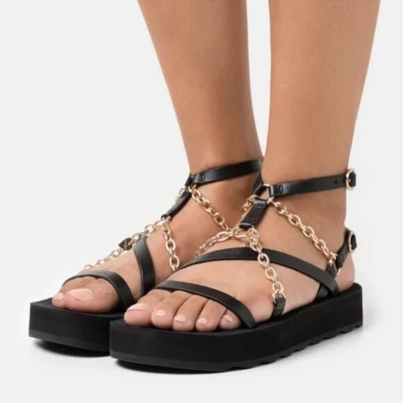 MAJE Frankie Black Gold Chain And Charm-Embellished Leather Sandals Size 9 - Picture 1 of 9